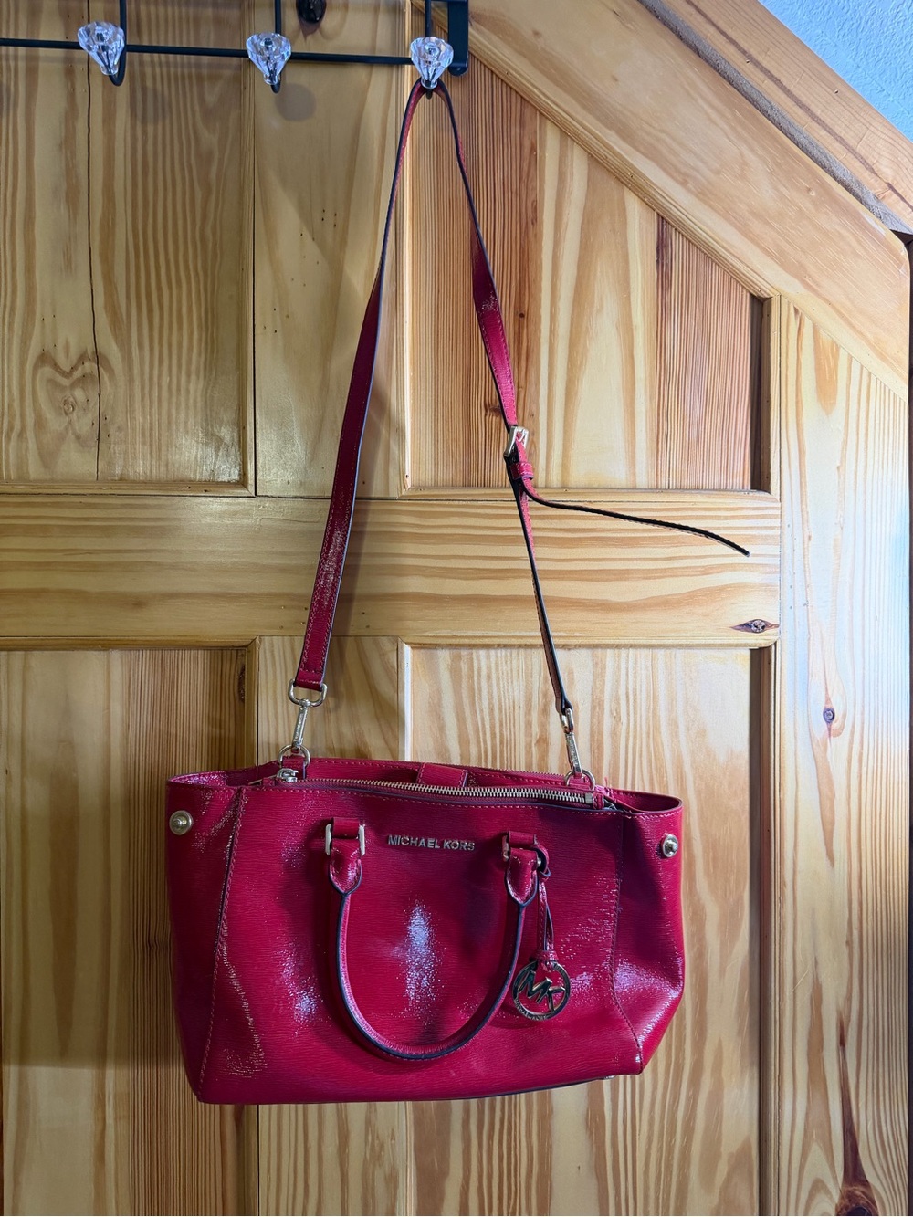 Michael Kors Red Leather Shoulder Satchel with Gold Hardware